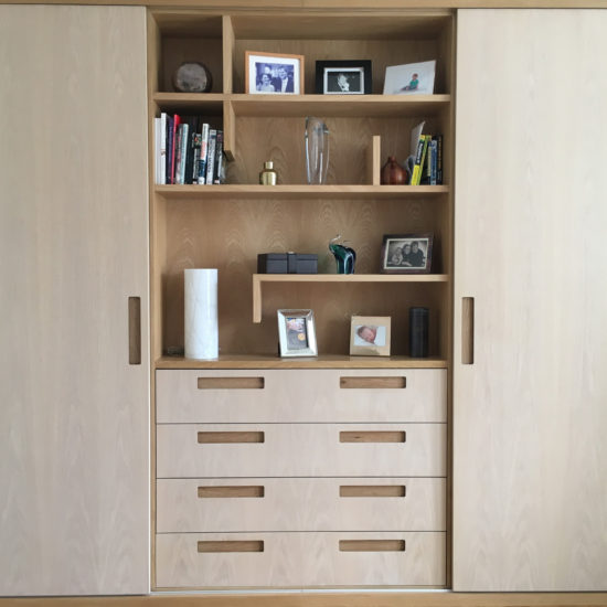 Storage Unit with open shelving, drawers and full height cupboards. Natural toned shelving unit. Timber open shelving.