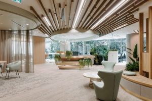 Bespoke reception desk created from organic layering. Styled with greenery and papercutting artwork. Ceiling timber battens with Led lighting running through space. Curtain to screen off collaborative area. Waiting area with chairs and Temple and Webster brass coffee table.