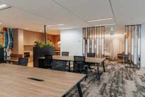 Workspace with timber topped workstations, cascade task chairs and planter boxes with greenery. Feature screen between workspace and waiting area.