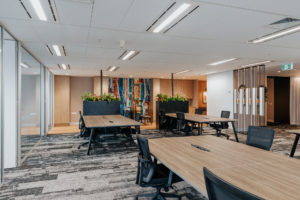 Workspace with timber topped workstations, cascade task chairs and planter boxes with greenery.