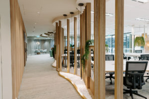 Timber Feature screen with privacy panels and shelving. Timber shelf with potted plants. Pendant lights over rock pool. Rock pool with brass edging.