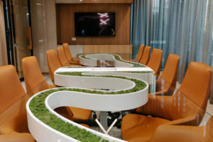 Boardroom table created with preserved moss feature element. Glass table top with Preserved moss river through centre. Leather boardroom chairs from FDB Commercial. Feature pendant lighting over table. TV unit created from timber and colour back glass with storage incorporated.